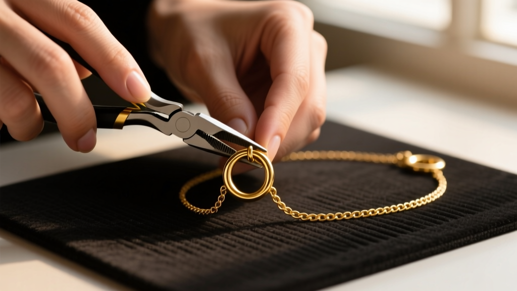 Hands using flat-nose pliers to open a 20-gauge gold jump ring on a delicate cable chain necklace on a dark jewelry work mat.