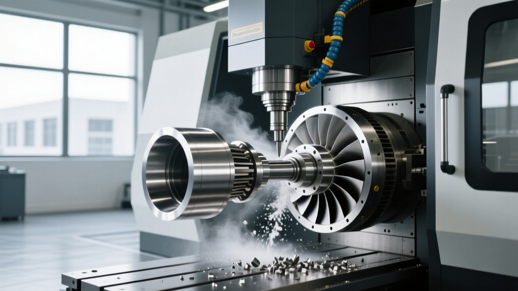 Five-axis CNC machining centre with linear motor drives performing simultaneous contouring on an aerospace turbine blade component