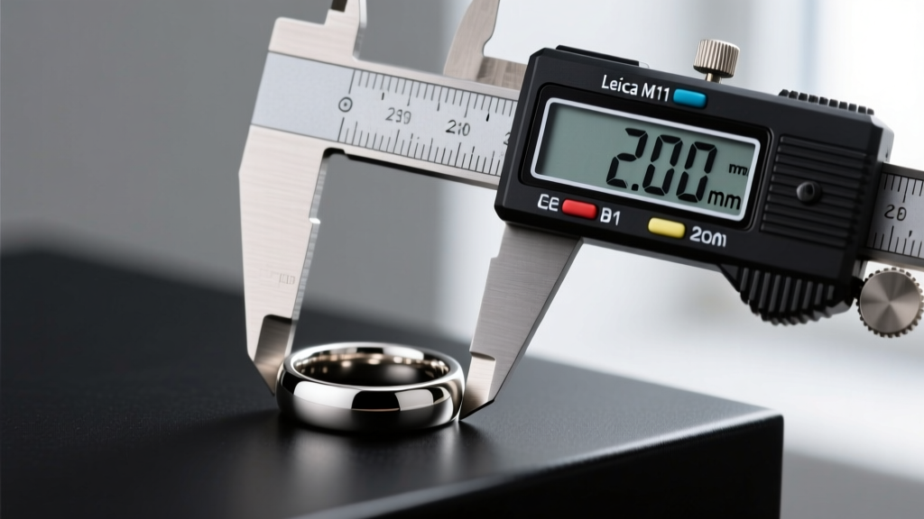 A macro shot of a digital caliper measuring the thickness of a 2mm platinum wedding band being prepped for a sizing repair.