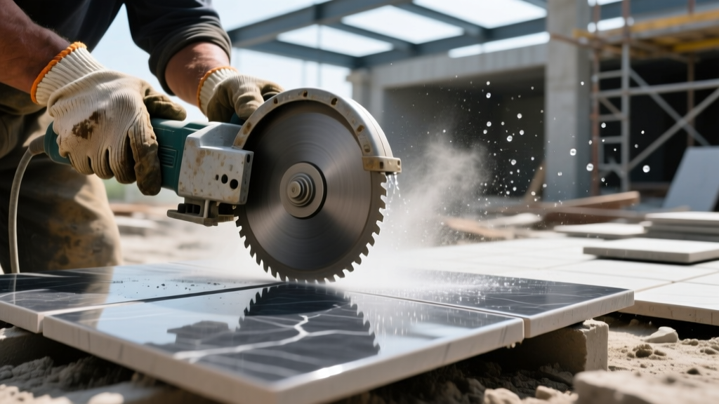 Close-up of a mason using a wet saw with a continuous rim diamond blade to cut a 20mm thick exterior porcelain paver on a job site