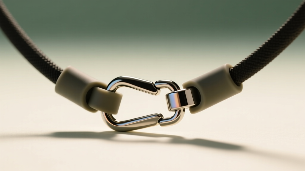 Side profile of a magnetic breakaway safety clasp on a sports necklace showing neodymium magnets and silicone release mechanism