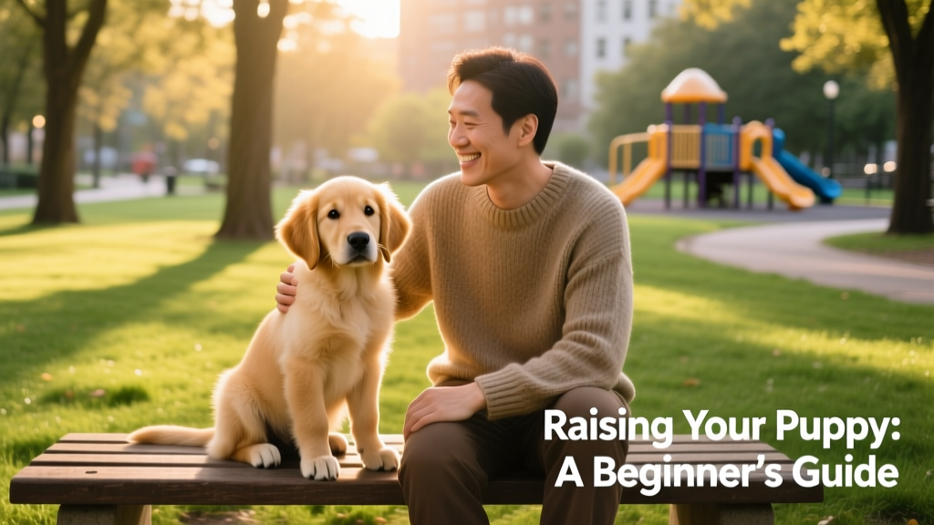 A calm, confident puppy sitting beside their owner on a grassy park bench, both smiling