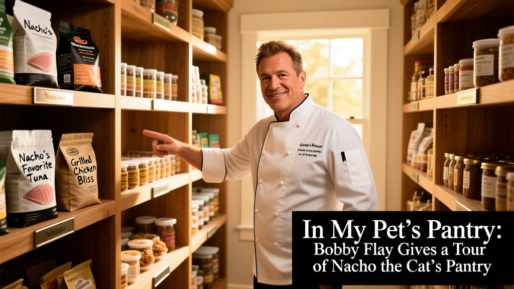 Bobby Flay standing beside a walk-in pantry with neatly labeled shelves holding cat food, treats, and toppers