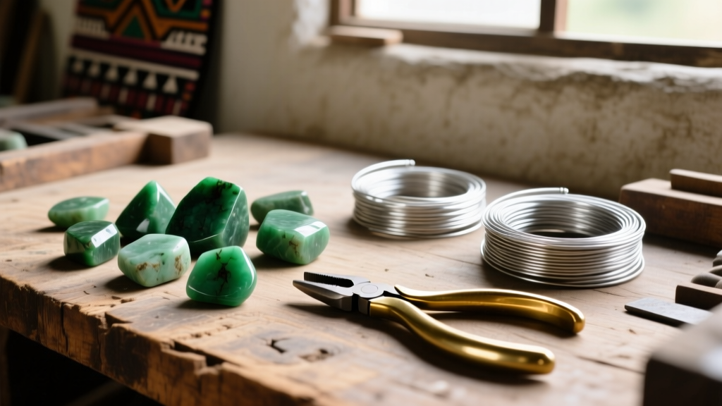 Overhead shot of an artisan workbench showing rough Guatemalan jadeite cabochons, 24-gauge sterling silver wire, and pliers.