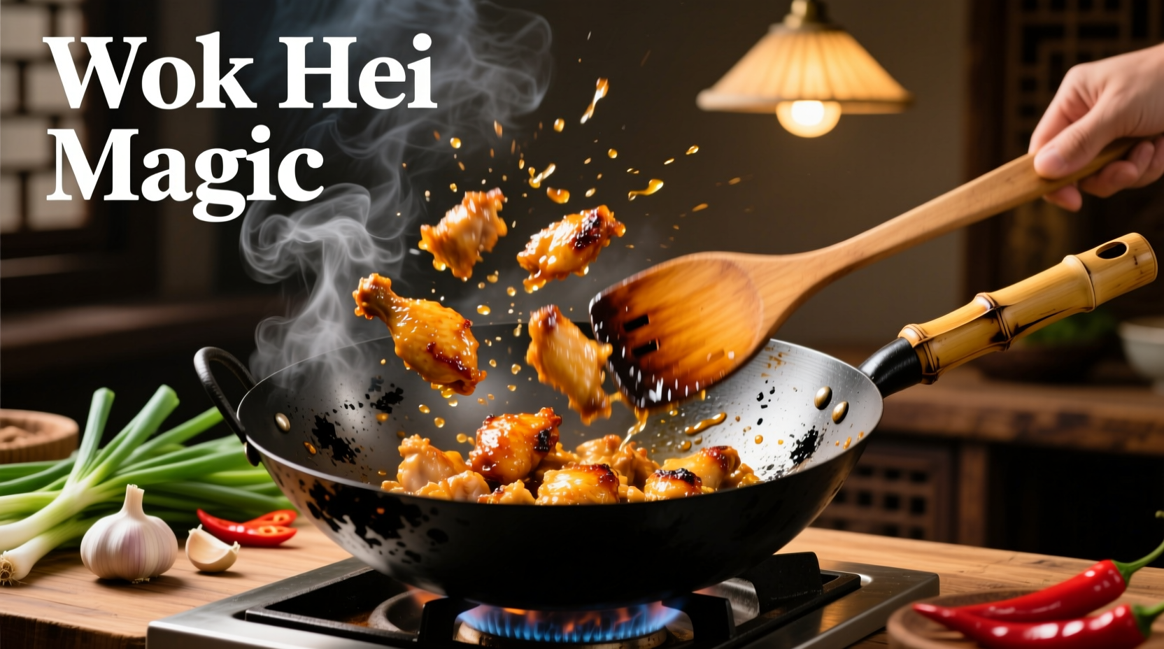 Stir-frying chicken in traditional wok