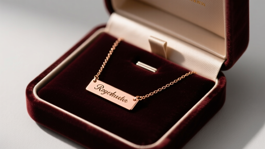 Open velvet jewelry box showing a custom rose gold name necklace stored flat with anti-tarnish strips, illuminated by warm light.