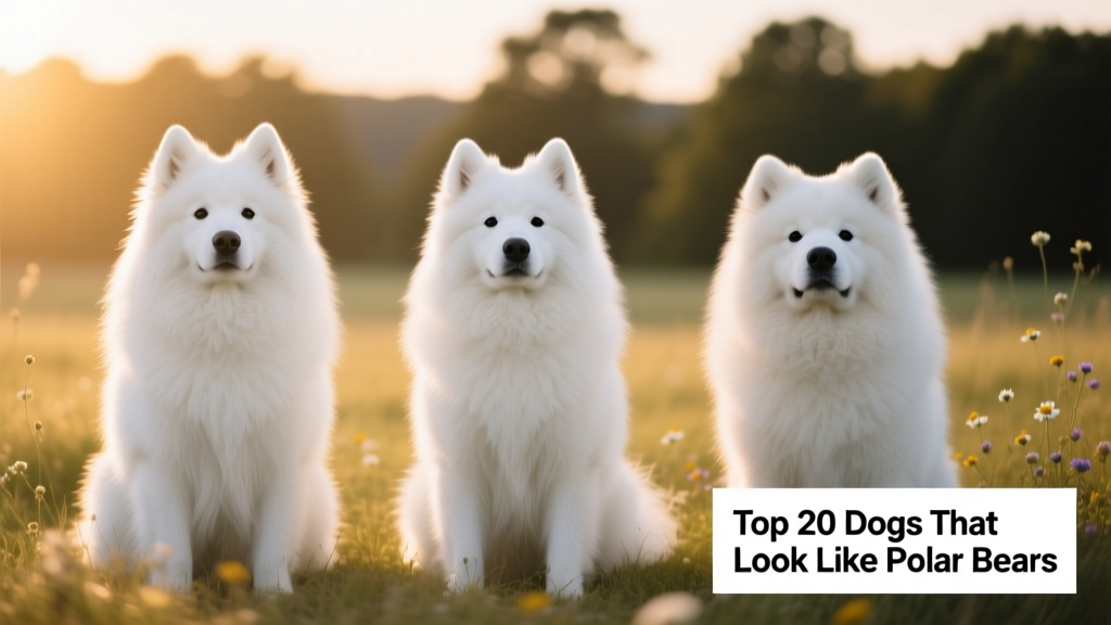 Side-by-side comparison of three white fluffy dogs: American Eskimo, Samoyed, and Chow Chow, highlighting their shared polar bear resemblance