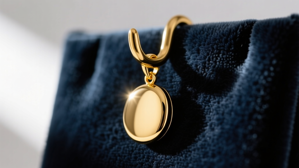 Macro shot of a velvet-flocked brass hook holding an 18k gold pendant, showing the soft fabric texture and bright metal shine.