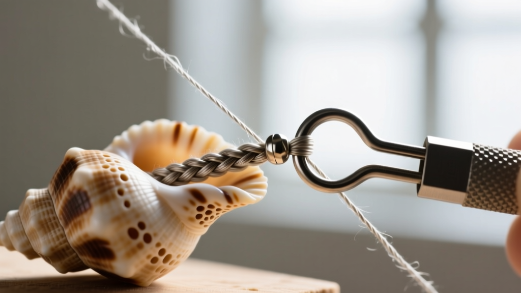 Macro shot of threading braided UHMWPE line through a puka shell, showing a micro-crimp bead and steel loop tool in sharp focus.