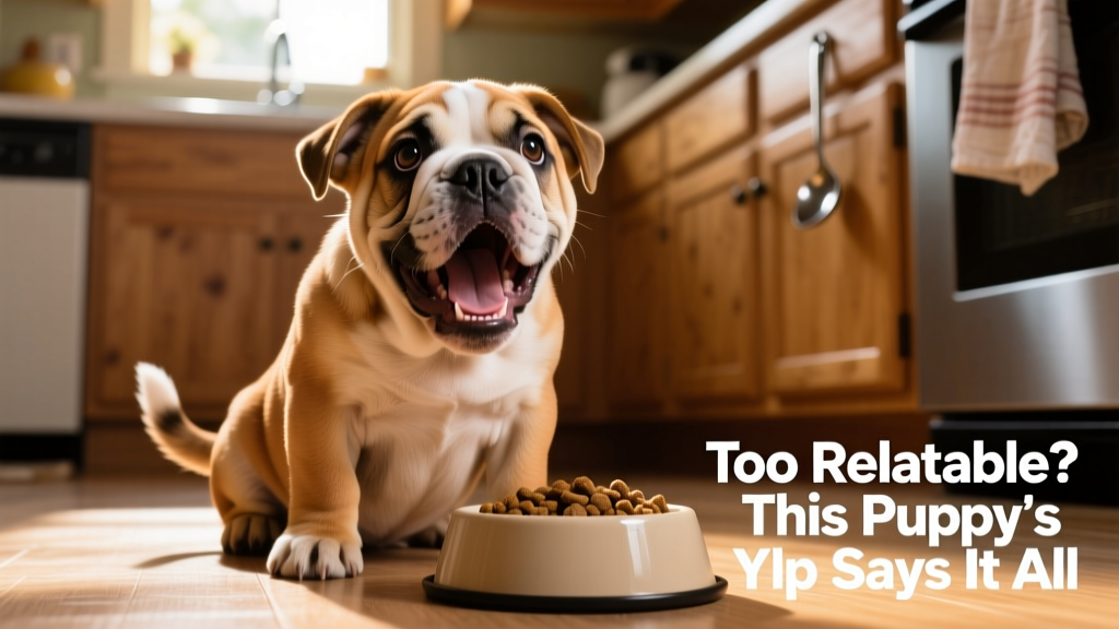 Close-up of an English Bulldog puppy with wide eyes and mouth open mid-yelp, sitting on a kitchen floor near a food bowl