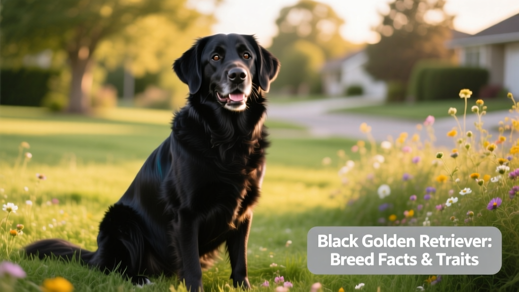 A smiling Black Golden Retriever sitting outdoors, showcasing its glossy black coat and gentle expression