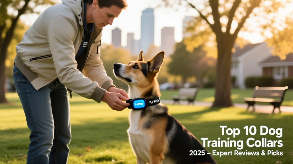 A handler using a FurPetVo remote training collar with their medium-sized dog during an outdoor obedience session