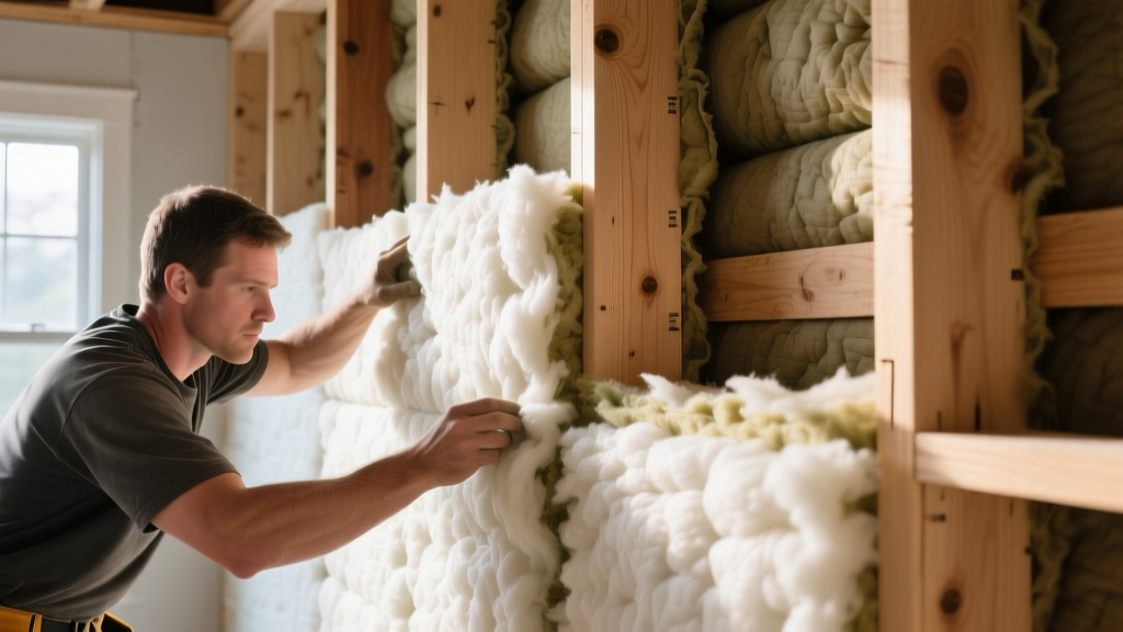Close-up of a contractor friction-fitting dense mineral wool acoustic batts into a decoupled staggered-stud wood framed interior partition wall