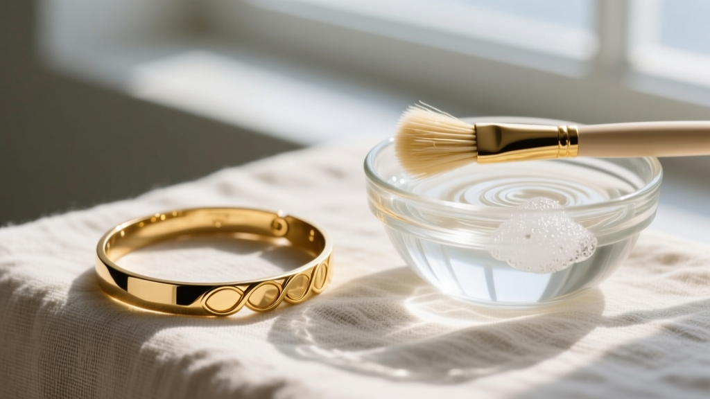 Delicate 14k gold-filled permanent bracelet on linen next to a glass bowl of soapy water and soft brush in natural daylight