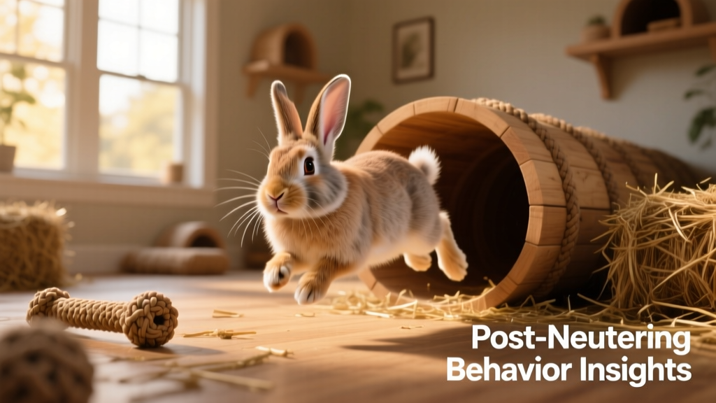 Rabbit enjoying supervised playtime in a safe, enriched room with tunnels and chew toys