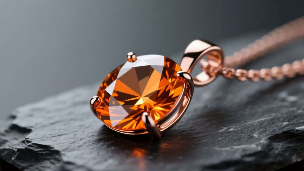 Close-up of a vibrant orange sapphire pendant in 18k rose gold on dark slate, soft lighting revealing internal silk inclusions.