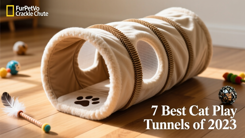 Close-up of the FurPetVo Crackle Chute Tunnel showing its textured fabric, peek-a-boo window, and crinkle strip