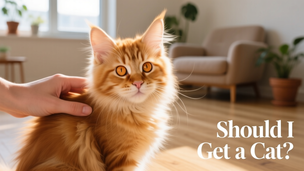 A gentle close-up of a ginger Maine Coon kitten blinking slowly while being softly stroked