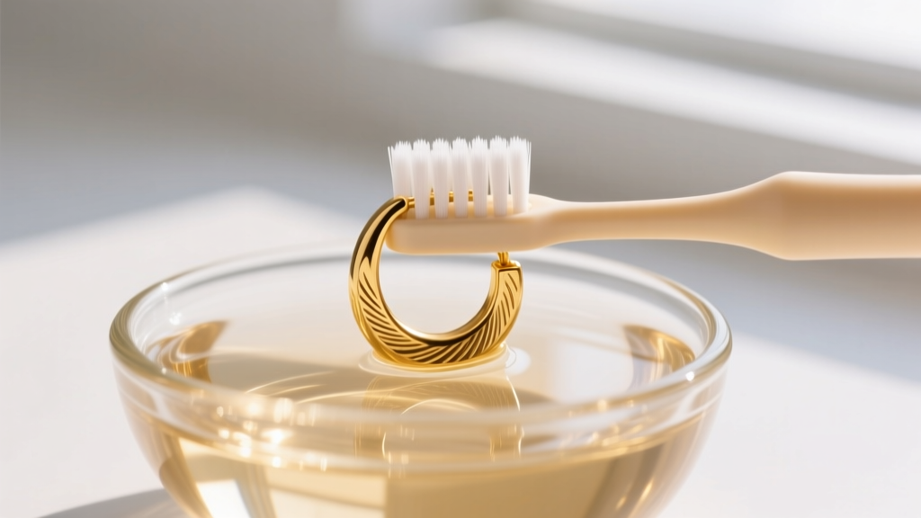 Close-up of a soft baby toothbrush cleaning etched grooves of a gold hoop earring submerged in a small glass bowl of warm water.