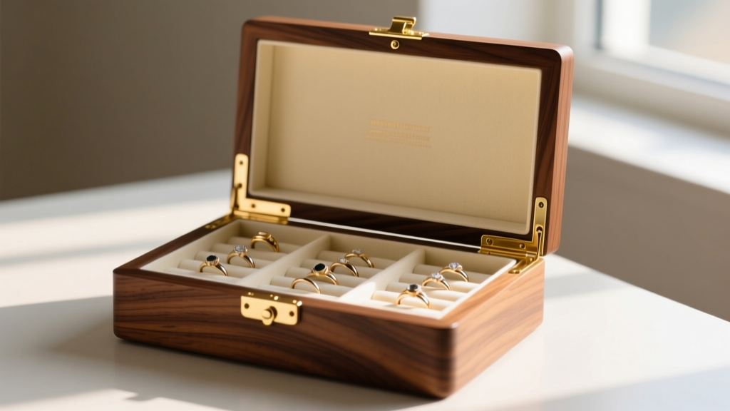 Walnut jewelry box displaying dovetail joinery, cream archival lining, arranged ring rolls, and polished solid brass stop hinges.