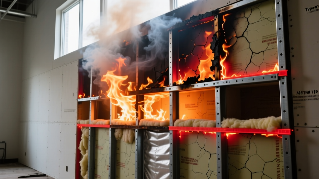 Cross-section of a steel stud wall assembly with Type X gypsum board undergoing intense furnace fire testing for ASTM E119 compliance