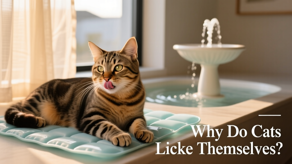 Cat resting on a cooling mat near a window with a water fountain nearby