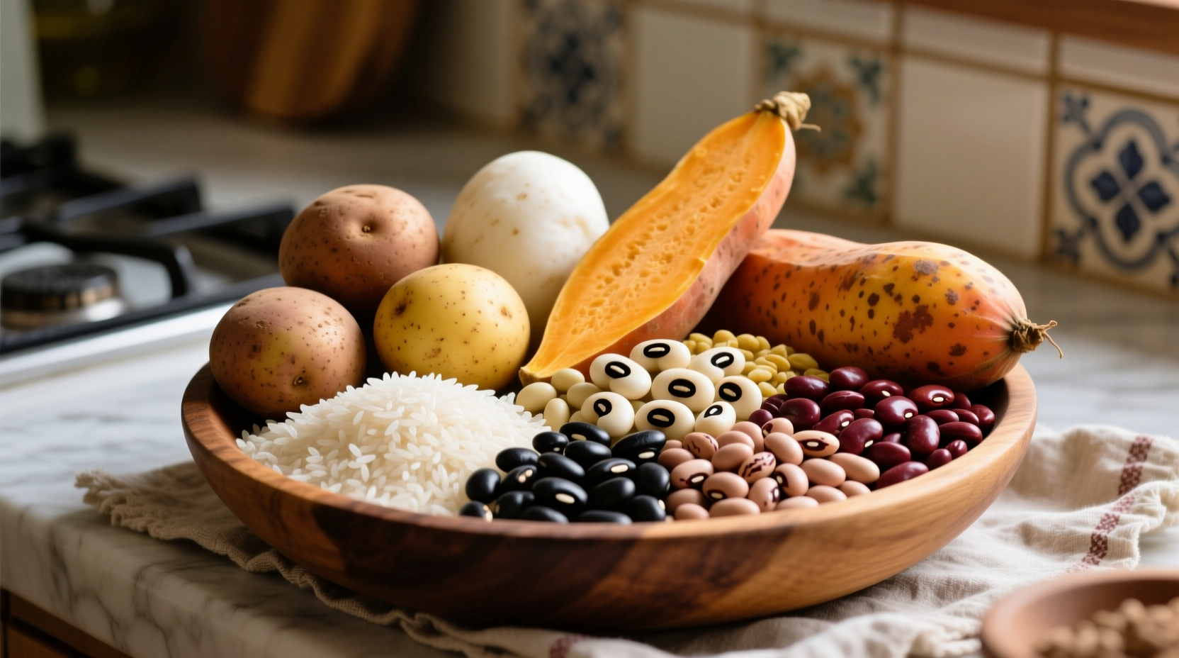 Colorful assortment of starchy foods including potatoes, rice, and beans