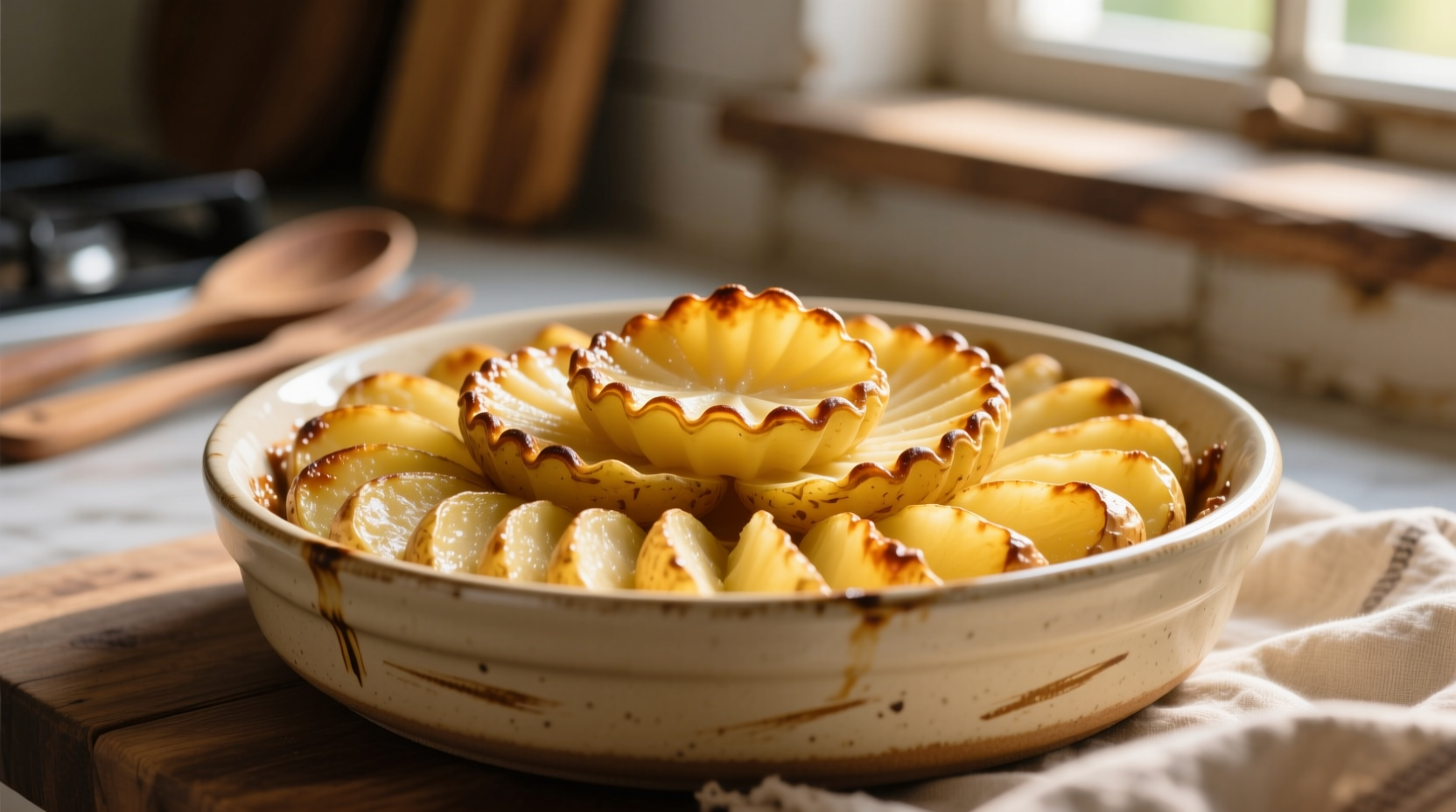 Golden scalloped potatoes in ceramic dish