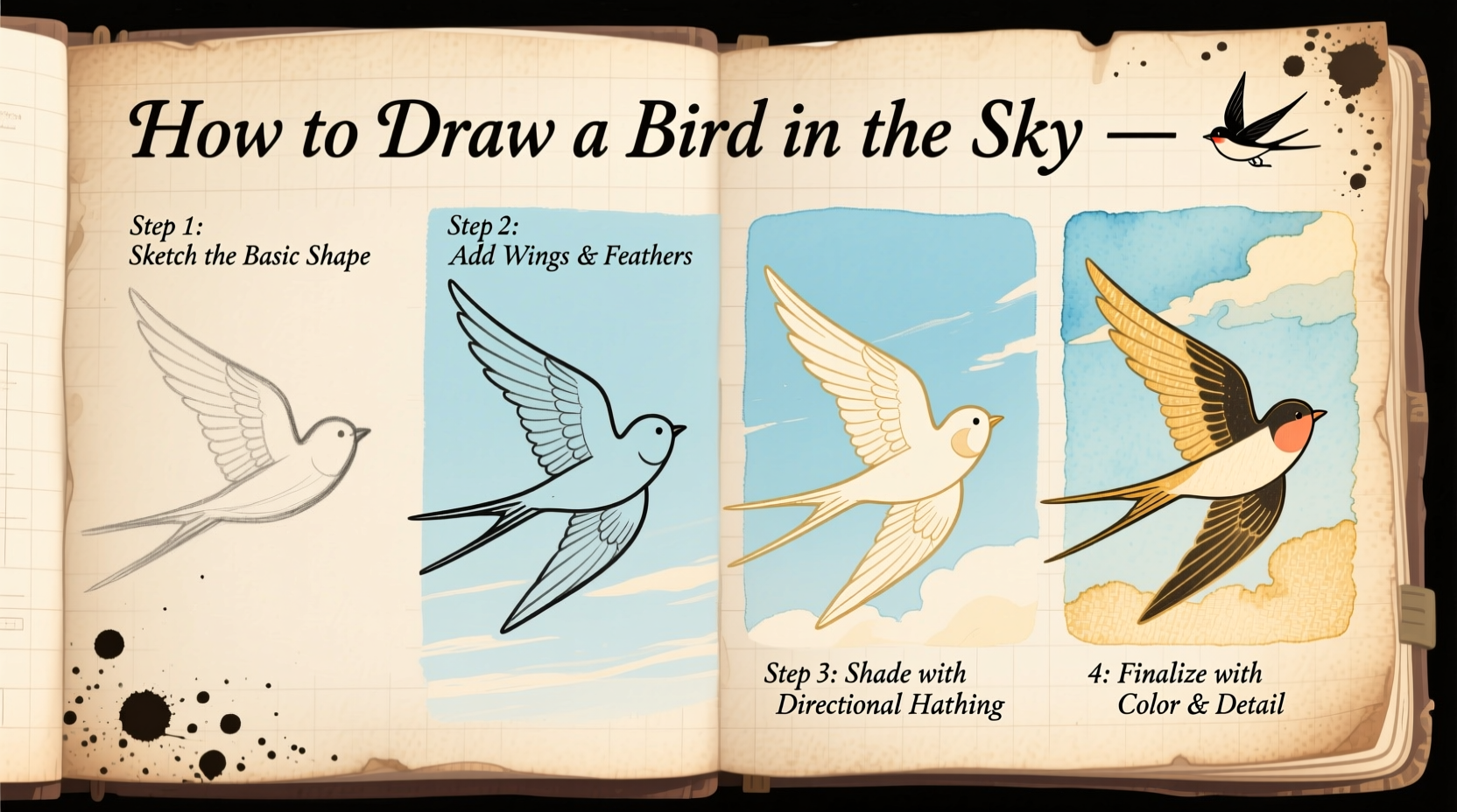 how to draw a bird in the sky