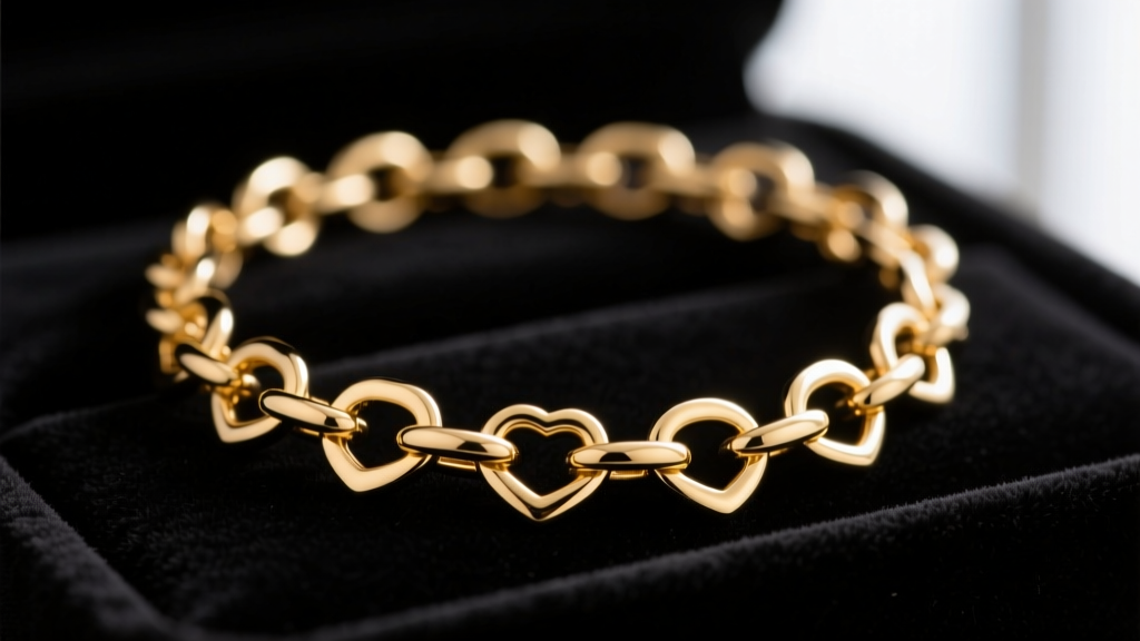 Close up of a 14k solid gold heart chain necklace resting on dark velvet, highlighting intricate link details and polished finish.