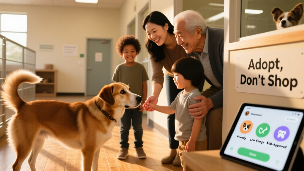 A joyful family meeting a friendly dog at a shelter, illustrating the moment of connection during pet adoption