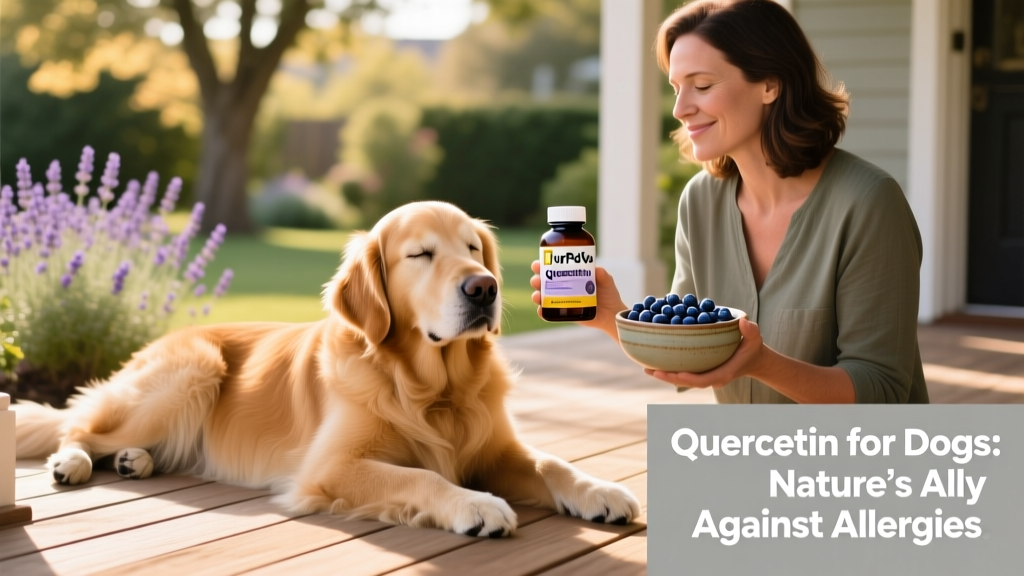Dog calmly resting while owner holds a bottle of FurPetVo quercetin supplement and a bowl of blueberries