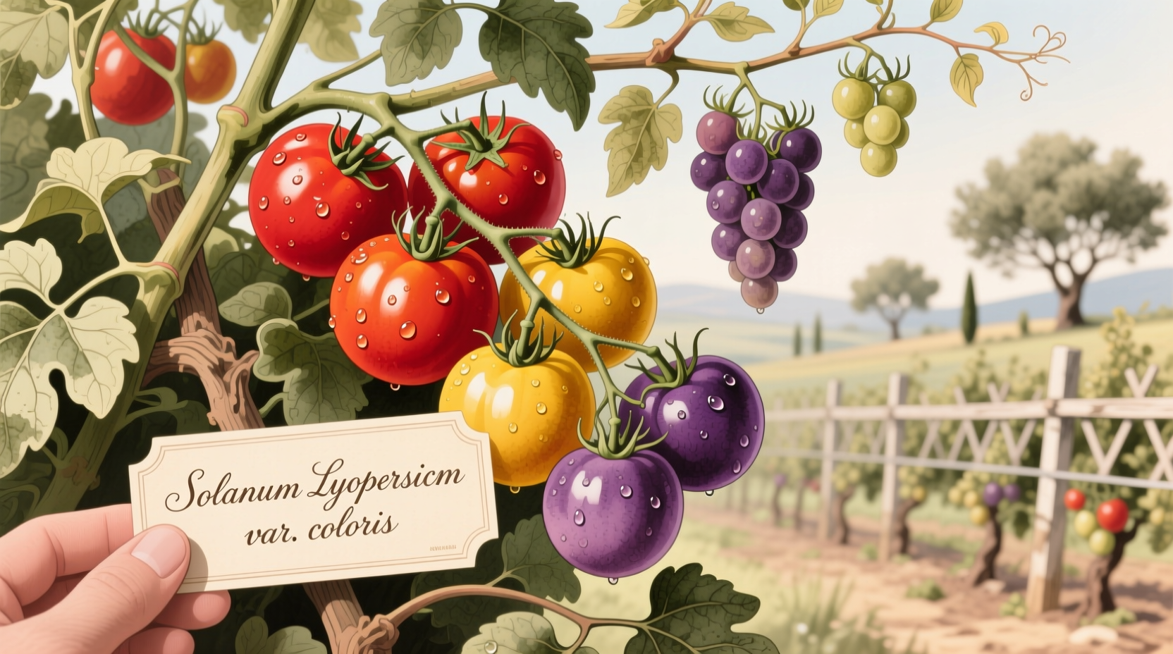 Various colored tomatoes on vine showing red yellow and purple varieties