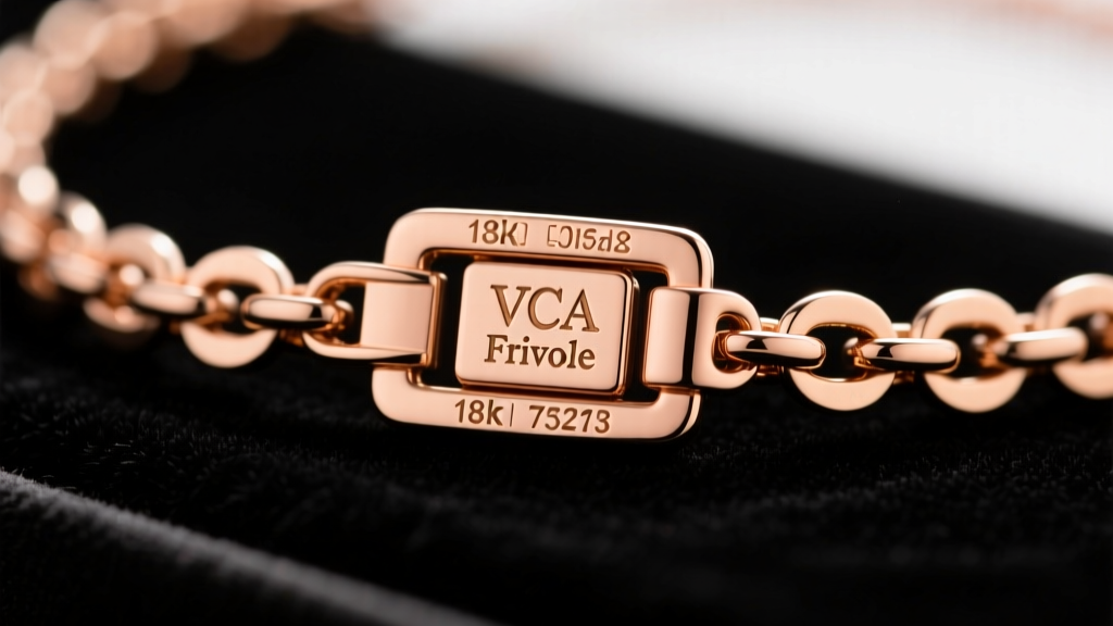 Close-up of the hallmark and serial number engraved on the clasp of an authentic 18k rose gold VCA Frivole necklace chain link.