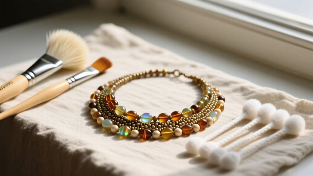Conservation tools including soft goat-hair brushes and microfiber swabs beside a fragile vintage beaded collar necklace.