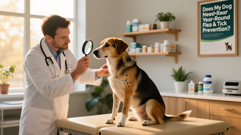 A veterinarian gently examining a dog’s skin and coat for signs of fleas or ticks