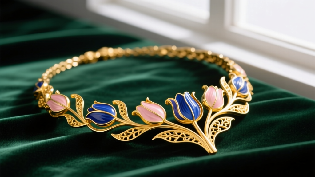 Wide shot of an ornate 22k yellow gold Divan-style statement necklace with tulip motifs resting on dark emerald green velvet.