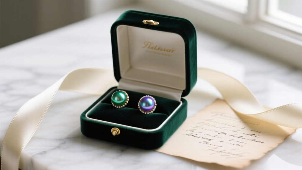 Open velvet box revealing Tahitian peacock pearl studs beside a silk ribbon and vintage note on a white marble surface