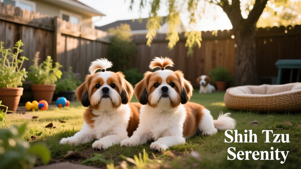 Two brown and white shih tzus with front ponytails lay in a yard