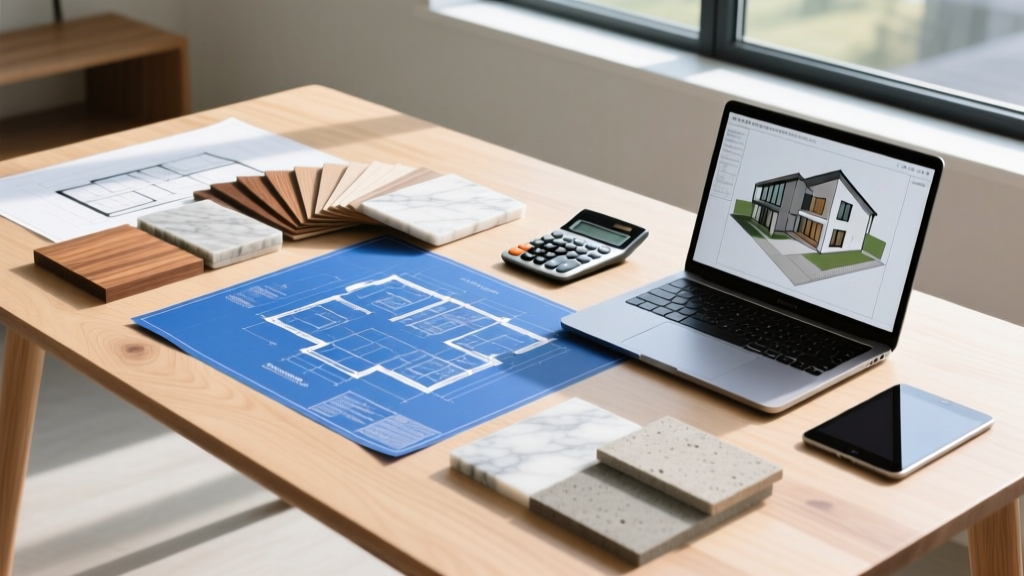 Architectural blueprints and material samples spread on a wooden table next to a calculator and laptop for planning an 1800 sqft home build