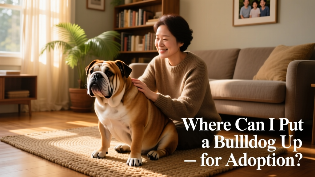 A calm, friendly Bulldog sitting beside a caring owner in a sunlit living room