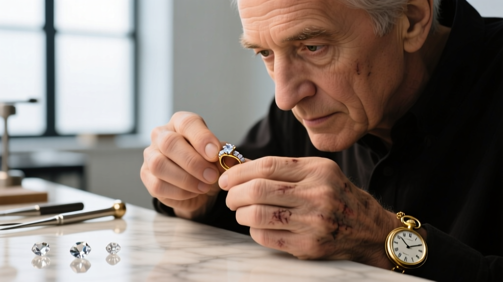Close-up of a jeweler's loupe inspecting an 18k yellow gold hallmark on a heavy designer ring band under bright studio lighting.