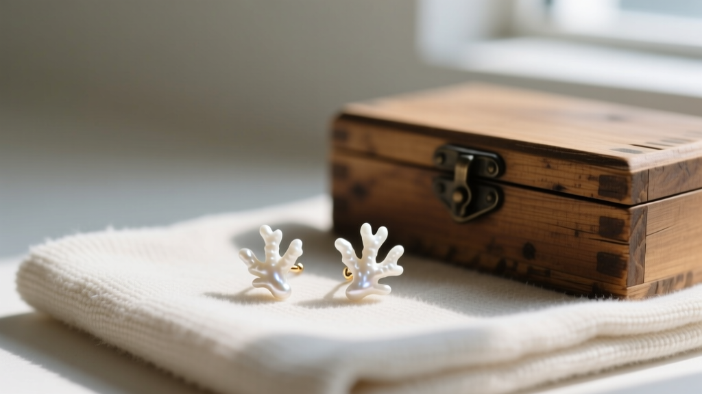 White coral stud earrings on a microfiber cloth next to a wooden box, illuminated by soft diffused natural light