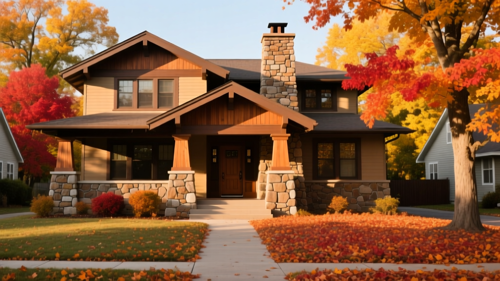 Exterior of a St. Louis Craftsman home featuring warm ledgestone veneer accents around the porch columns and chimney during autumn