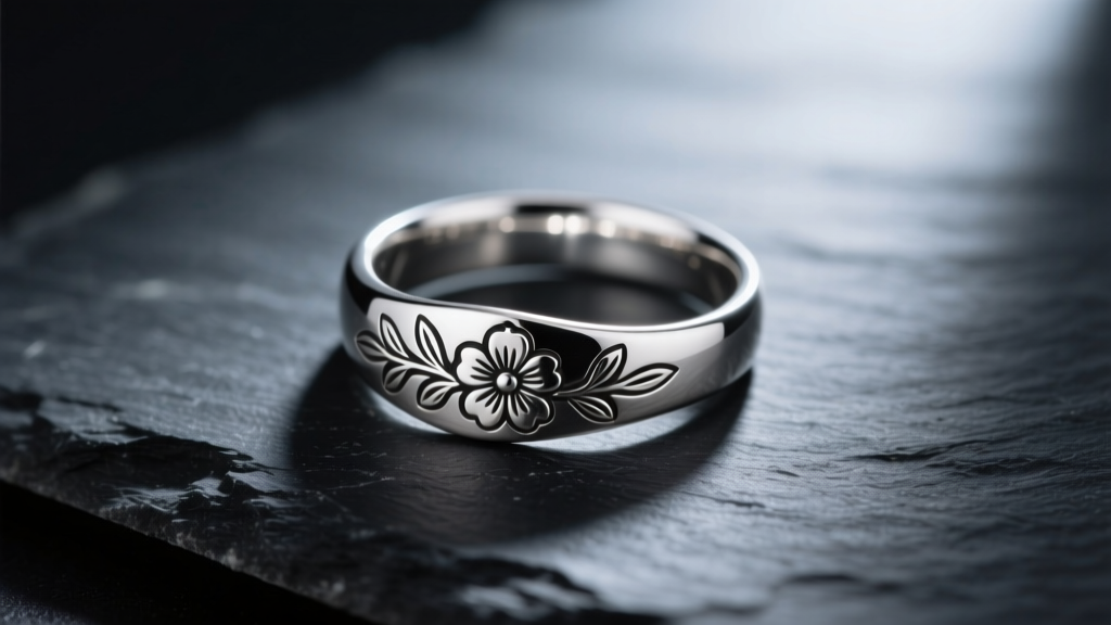 Polished upcycled sterling silver spoon ring with a stamped floral motif, resting on dark slate under soft, moody studio lighting