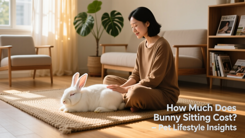 A calm bunny resting comfortably beside a caring sitter on a cozy living room floor