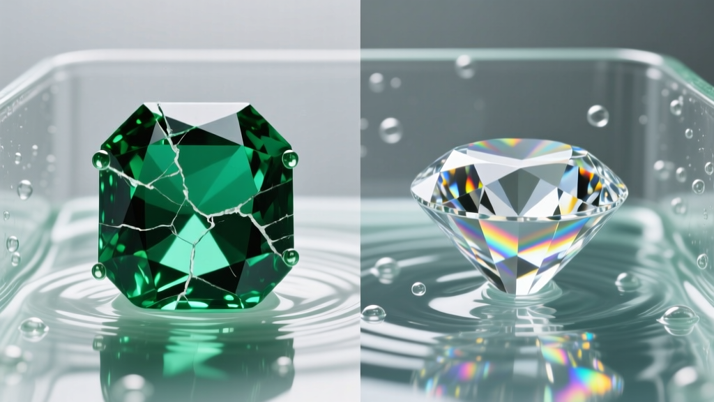 Split comparison of a fractured oil-treated emerald and a pristine diamond submerged in an ultrasonic cleaner water bath.