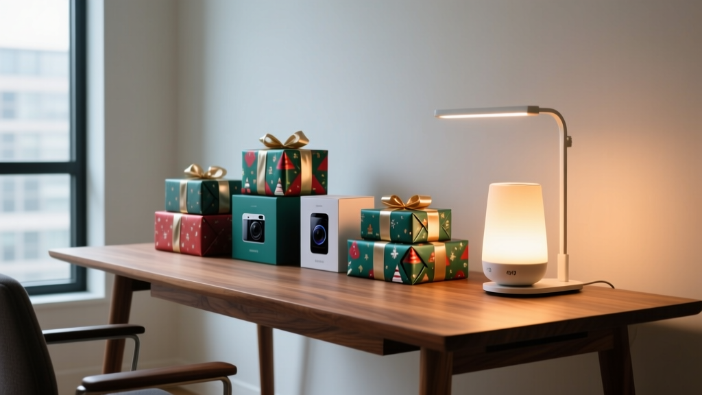 Festive wrapped tech boxes and a glowing smart desk lamp arranged on a minimalist walnut standing desk in a modern home office