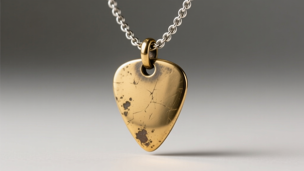 Close-up of a worn brass guitar pick pendant hanging from a 2mm sterling silver rolo chain, illuminated by warm studio lighting.