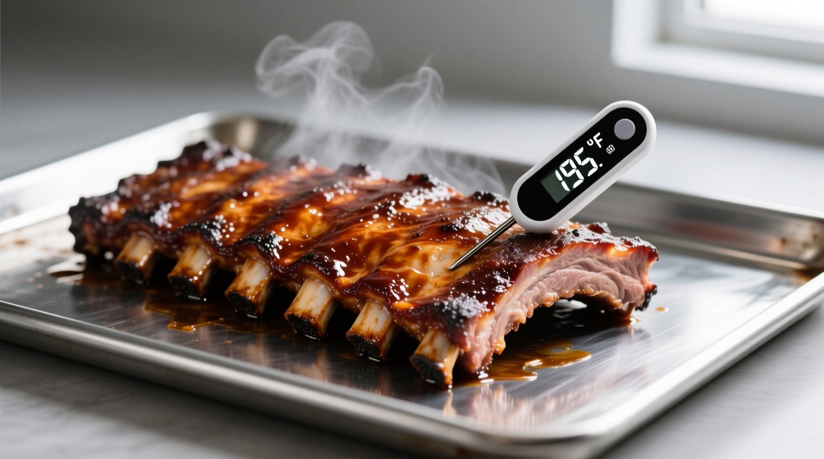 Perfectly cooked spare ribs on baking sheet with thermometer